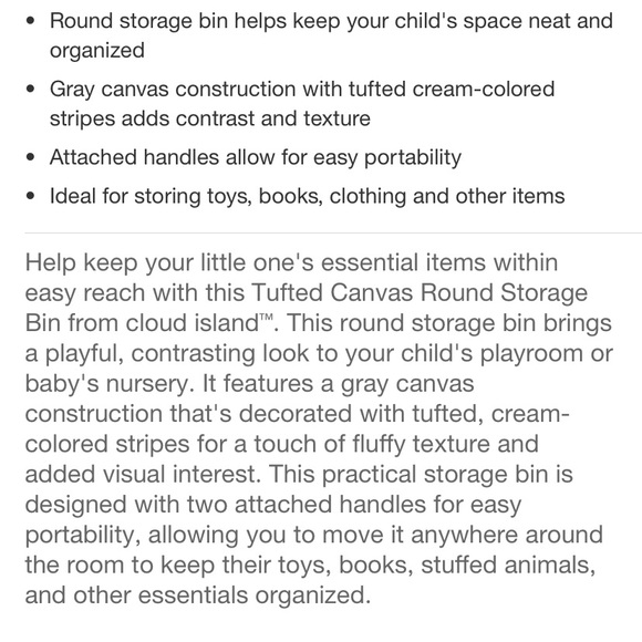 NWT Cloud Island Gray Round Bin with Handles - Picture 5 of 7